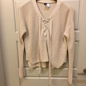 Divided  Beige Chunky Knit Lace Up LS Top S